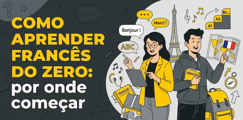 Como aprender francês do zero por onde começar: imagem ilustrativa com dois estudantes utilizando tablet e livro, balões de fala Bonjour! e Merci!, Torre Eiffel ao fundo, mapa-múndi e níveis A1, A2 e B1, oferecido pela FourFlags Language Center