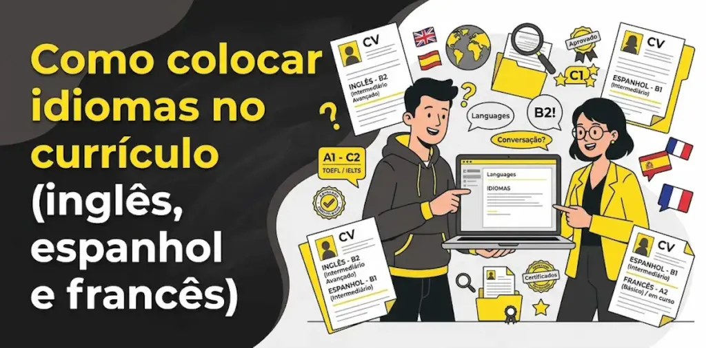 Como colocar idiomas no currículo inglês espanhol e francês: imagem ilustrativa com dois profissionais apontando para um laptop e modelos de CV com seções de idiomas (Inglês B2, Espanhol B1, Francês A2), bandeiras internacionais e o logotipo da FourFlags Language Center
