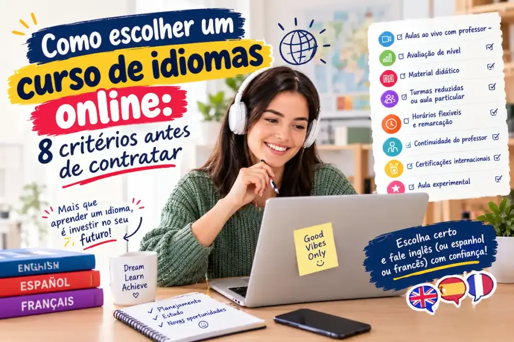 Como escolher um curso de idiomas online: imagem ilustrativa com aluna sorridente estudando no laptop com fones de ouvido, lista de critérios de avaliação e livros de inglês, espanhol e francês, oferecido pela FourFlags Language Center