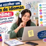Como escolher um curso de idiomas online: imagem ilustrativa com aluna sorridente estudando no laptop com fones de ouvido, lista de critérios de avaliação e livros de inglês, espanhol e francês, oferecido pela FourFlags Language Center