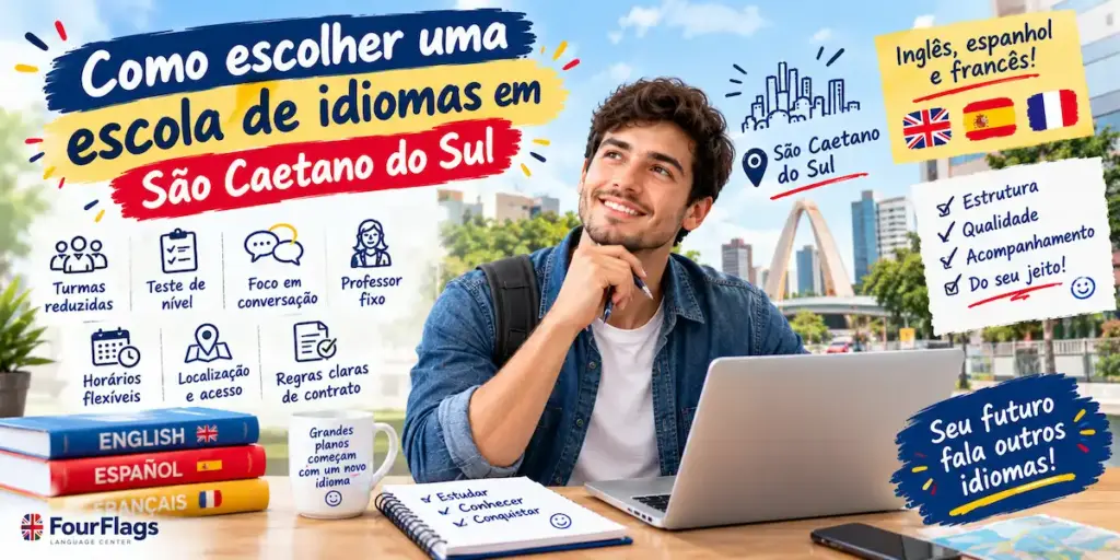 Como escolher uma escola de idiomas em São Caetano do Sul 2 Como escolher uma escola de idiomas em São Caetano do Sul: imagem ilustrativa com estudante sorridente no laptop em uma mesa com livros de inglês, espanhol e francês, lista de critérios de avaliação e paisagem de São Caetano do Sul ao fundo, oferecido pela FourFlags Language Center