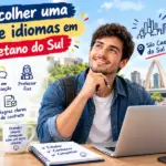 Como escolher uma escola de idiomas em São Caetano do Sul: imagem ilustrativa com estudante sorridente no laptop em uma mesa com livros de inglês, espanhol e francês, lista de critérios de avaliação e paisagem de São Caetano do Sul ao fundo, oferecido pela FourFlags Language Center