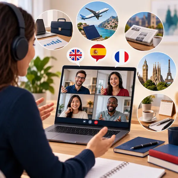 Aulas de Conversação Online em Inglês, Espanhol e Francês 3 Como são as aulas online: imagem ilustrativa com aluna usando headset em videochamada interativa de idiomas no laptop, com bandeiras do Reino Unido, Espanha e França e ícones de negócios, viagens e estudos, oferecido pela FourFlags Language Center