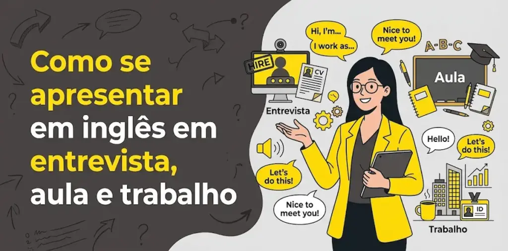 Como se apresentar em inglês em entrevista, aula e trabalho: imagem ilustrativa com uma profissional segurando tablet e apresentando cenários de entrevista online, sala de aula e ambiente de trabalho, balões de diálogo com expressões Hi, I'm..., Nice to meet you! e Hello!, currículo e crachá, e o logotipo da FourFlags Language Center