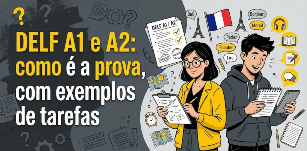 DELF A1 e A2 como é a prova com exemplos de tarefas: imagem ilustrativa com dois estudantes fazendo anotações em prancheta e tablet, certificado DELF A1 e A2, bandeira da França, Torre Eiffel, ícones de habilidades linguísticas e o logotipo da FourFlags Language Center