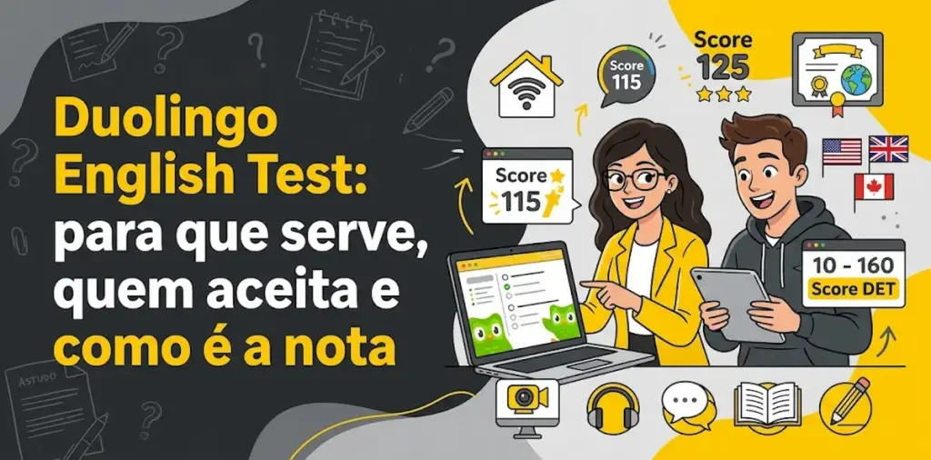 Duolingo English Test para que serve quem aceita e como é a nota: imagem ilustrativa com dois estudantes utilizando laptop e tablet, pontuações do DET, bandeiras dos EUA, Reino Unido e Canadá, ícones de habilidades e o logotipo da FourFlags Language Center