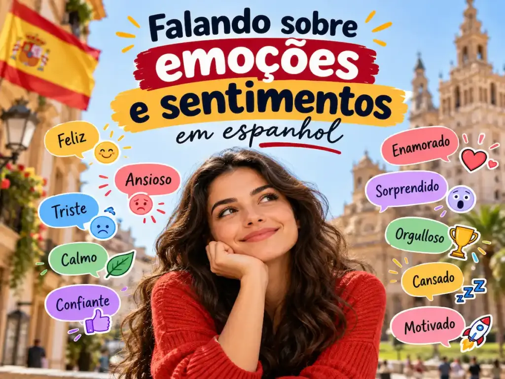 Falando sobre emoções e sentimentos em espanhol 🇪🇸 2 Falando sobre emoções e sentimentos em espanhol: imagem ilustrativa com jovem pensativa, balões de fala com vocabulário de emoções e bandeira da Espanha, oferecido pela FourFlags Language Center