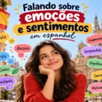 Falando sobre emoções e sentimentos em espanhol: imagem ilustrativa com jovem pensativa, balões de fala com vocabulário de emoções e bandeira da Espanha, oferecido pela FourFlags Language Center