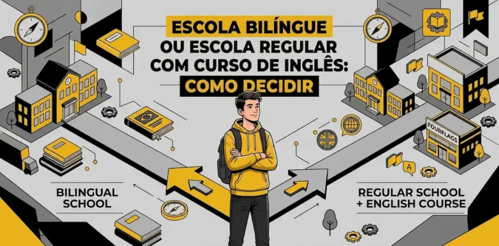 Escola bilíngue ou escola regular com curso de inglês como decidir: imagem ilustrativa isométrica com um jovem no centro escolhendo entre caminhos para escola bilíngue ou escola regular com curso de idiomas, ícones educativos e o prédio da FourFlags Language Center