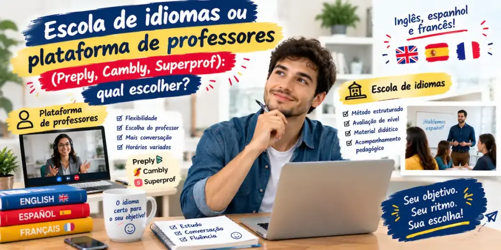 Escola de idiomas ou plataforma de professores qual escolher: imagem ilustrativa comparando modelos de ensino de línguas com um aluno ao centro segurando um tablet, balões com professores online à esquerda e uma escola de idiomas estruturada à direita com o logotipo da FourFlags Language Center