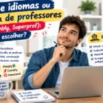 Escola de idiomas ou plataforma de professores qual escolher: imagem ilustrativa comparando modelos de ensino de línguas com um aluno ao centro segurando um tablet, balões com professores online à esquerda e uma escola de idiomas estruturada à direita com o logotipo da FourFlags Language Center