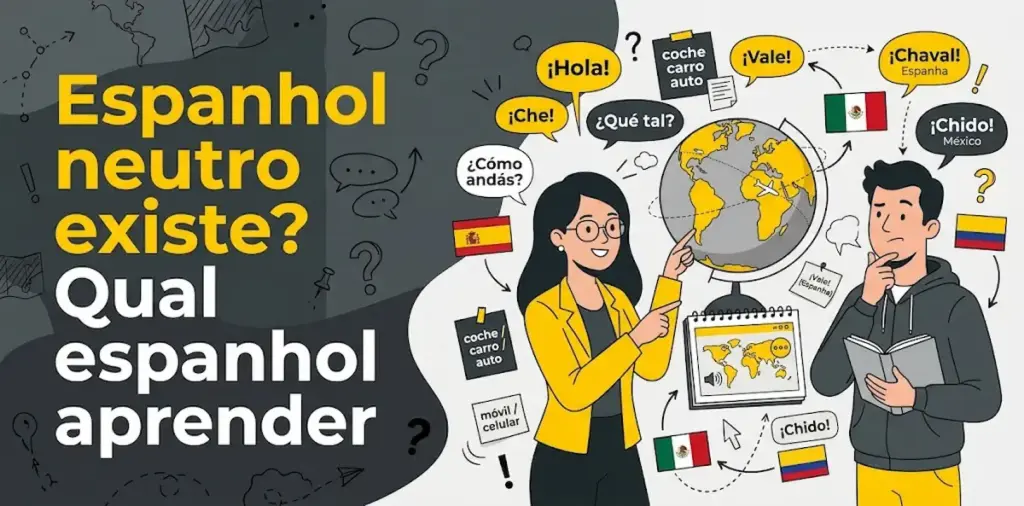 Espanhol neutro existe qual espanhol aprender: imagem ilustrativa com dois estudantes consultando um globo terrestre e livro, balões de expressões regionais como ¡Che!, ¡Vale! e ¡Chido!, variações vocabulares de coche, carro e auto, bandeiras da Espanha, México e Colômbia e o logotipo da FourFlags Language Center