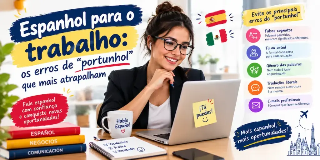 Espanhol para o trabalho: os erros de portunhol que mais atrapalham: imagem ilustrativa com profissional sorridente usando laptop e óculos, com livros em espanhol e dicas de comunicação de negócios, oferecido pela FourFlags Language Center