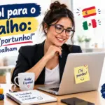 Espanhol para o trabalho: os erros de portunhol que mais atrapalham: imagem ilustrativa com profissional sorridente usando laptop e óculos, com livros em espanhol e dicas de comunicação de negócios, oferecido pela FourFlags Language Center