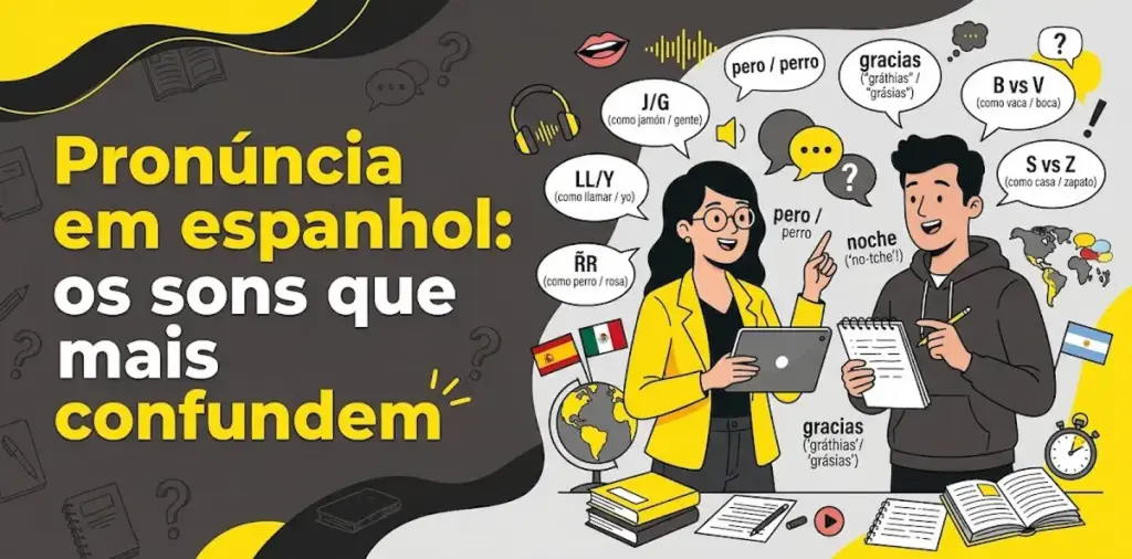 Pronúncia em espanhol os sons que mais confundem: imagem ilustrativa com dois estudantes praticando fonética com tablet e caderno, balões com exemplos de pronúncia como B vs V, S vs Z, J/G, LL/Y, RR e pero/perro, bandeiras de países hispanofalantes e o logotipo da FourFlags Language Center
