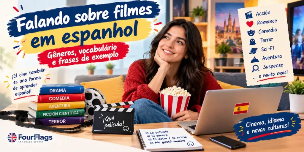 Falando sobre filmes em espanhol 2 Falando sobre filmes em espanhol gêneros, vocabulário e frases de exemplo: imagem ilustrativa com aluna sorridente com balde de pipoca ao laptop, livros de gêneros de cinema, claquete, lista de vocabulário e o logotipo da FourFlags Language Center