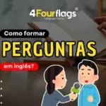 Como formar perguntas em inglês: imagem ilustrativa com pessoa lendo um livro de estudos, ícone de interrogação e ilustração de entrevista com repórter, oferecido pela FourFlags Language Center