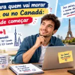 Francês para quem vai morar na França ou no Canadá por onde começar: imagem ilustrativa com homem sorridente ao computador, bandeiras e símbolos da França e do Canadá, livros de francês e checklist de preparação, oferecido pela FourFlags Language Center