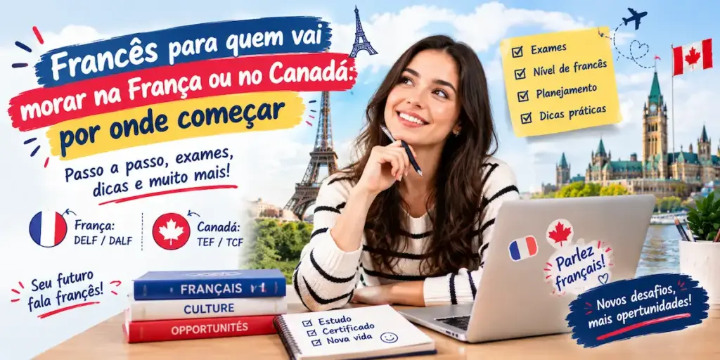 Francês para quem vai morar na França ou no Canadá por onde começar: imagem ilustrativa com mulher sorridente ao computador, bandeiras e símbolos da França e do Canadá, livros de francês e checklist de preparação, oferecido pela FourFlags Language Center