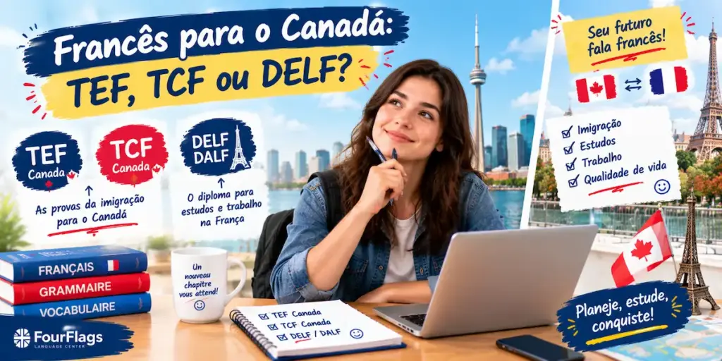 Francês para o Canadá: TEF, TCF ou DELF? 2 Francês para o Canadá TEF, TCF ou DELF: imagem ilustrativa com aluna pensativa ao laptop estudando para exames de proficiência, com a CN Tower de Toronto e a Torre Eiffel ao fundo, livros de francês e logotipo da FourFlags Language Center