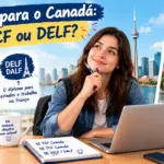 Francês para o Canadá TEF, TCF ou DELF: imagem ilustrativa com aluna pensativa ao laptop estudando para exames de proficiência, com a CN Tower de Toronto e a Torre Eiffel ao fundo, livros de francês e logotipo da FourFlags Language Center