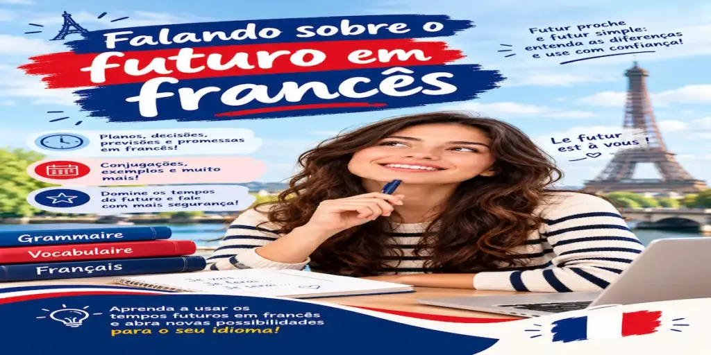 Falando sobre o futuro em francês: imagem ilustrativa com jovem estudante, livros de gramática, Torre Eiffel e os tempos futur proche e futur simple, oferecido pela FourFlags Language Center
