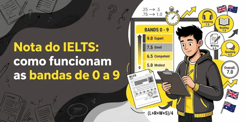 Nota do IELTS como funcionam as bandas de 0 a 9: imagem ilustrativa com um estudante segurando prancheta e preenchendo relatório de notas, tabela de bandas de 0 a 9, pontuações de Listening, Reading, Writing e Speaking, bandeiras do Reino Unido e Austrália, e o logotipo da FourFlags Language Center