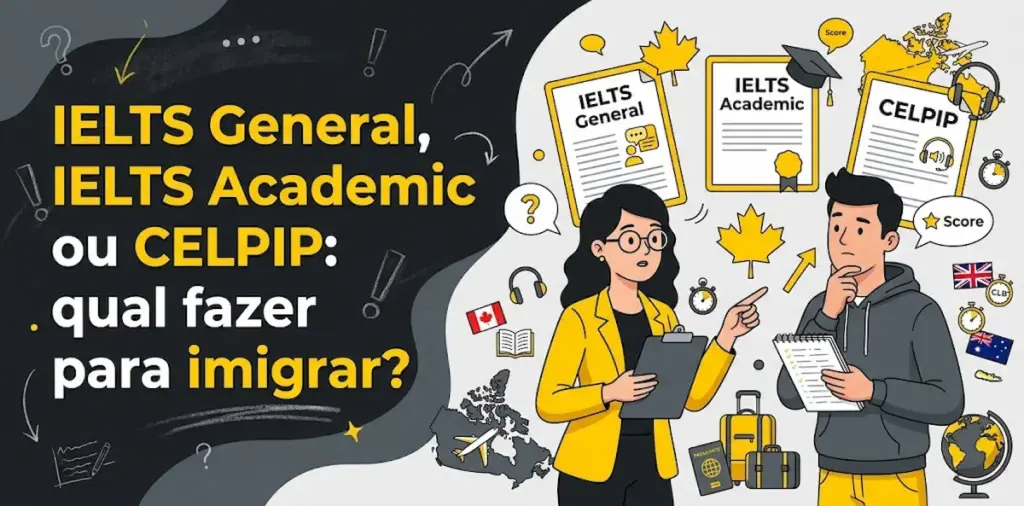 IELTS General, IELTS Academic ou CELPIP qual fazer para imigrar: imagem ilustrativa com dois estudantes analisando opções de exames de proficiência, fichas dos testes IELTS General, IELTS Academic e CELPIP, folhas de bordo do Canadá, malas de viagem, passaporte e o logotipo da FourFlags Language Center