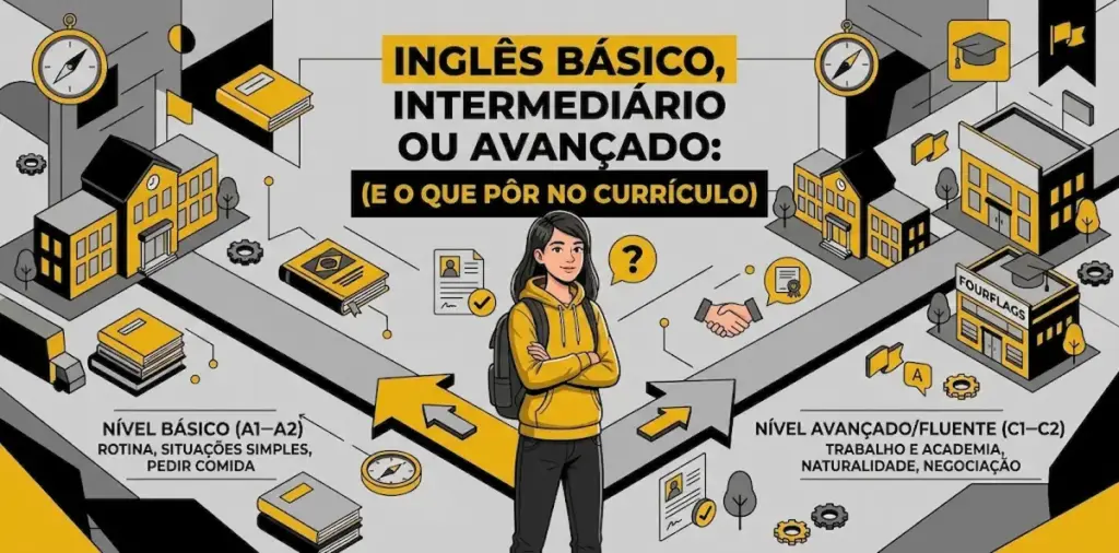 Inglês básico, intermediário ou avançado e o que pôr no currículo: imagem ilustrativa isométrica com jovem estudante no centro indicando os níveis de inglês para o currículo profissional, ícones de rotina e negócios, e o prédio da FourFlags Language Center
