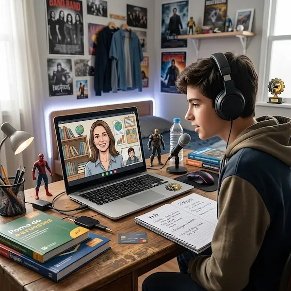 Inglês Online para Crianças e Adolescentes 5 Inglês online para adolescentes: imagem ilustrativa com um jovem usando fones de ouvido em seu quarto participando de uma aula virtual no computador com a professora na tela, caderno de anotações e livros de inglês, oferecido pela FourFlags Language Center