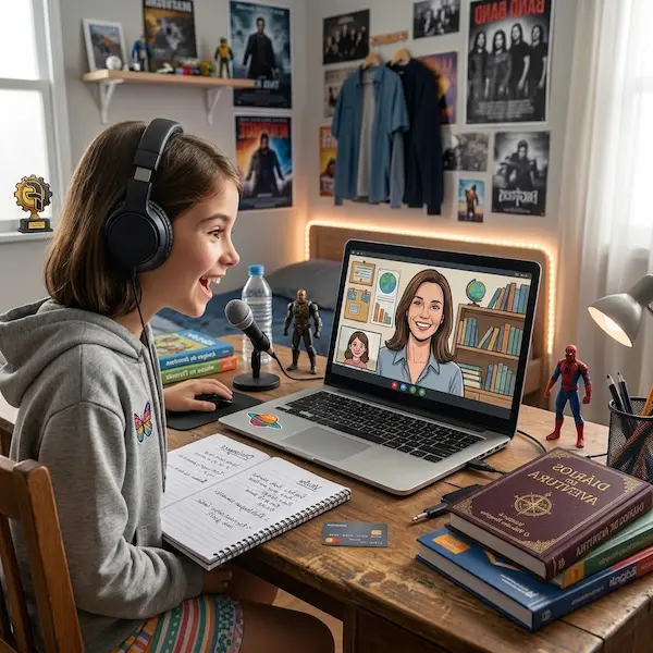 Inglês Online para Crianças e Adolescentes 4 Inglês online para crianças: imagem ilustrativa com uma menina sorridente usando fones de ouvido em seu quarto participando de uma aula virtual no laptop com a professora na tela, caderno de anotações e material didático, oferecido pela FourFlags Language Center