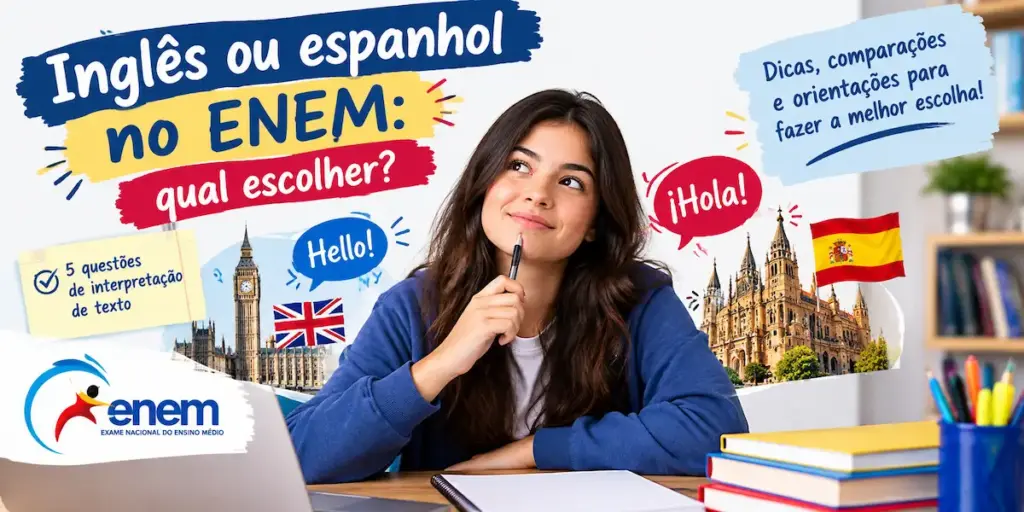 Inglês ou espanhol no ENEM qual escolher: imagem ilustrativa com estudante pensativa ao lado de livros, balões de fala 'Hello' e '¡Hola!', marcos de Londres e da Espanha, bandeiras e o logotipo do ENEM, oferecido pela FourFlags Language Center