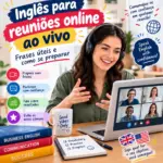 Inglês para reuniões online ao vivo (videochamadas): imagem ilustrativa com profissional sorridente em videochamada de negócios no laptop, usando fones de ouvido, acompanhada de livros de Business English e dicas de comunicação, oferecido pela FourFlags Language Center