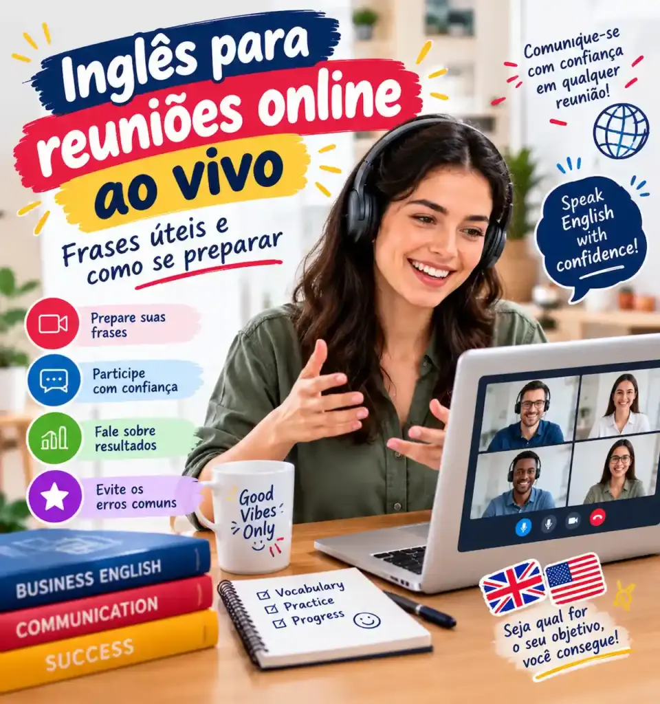 Inglês para reuniões online ao vivo (videochamadas): imagem ilustrativa com profissional sorridente em videochamada de negócios no laptop, usando fones de ouvido, acompanhada de livros de Business English e dicas de comunicação, oferecido pela FourFlags Language Center