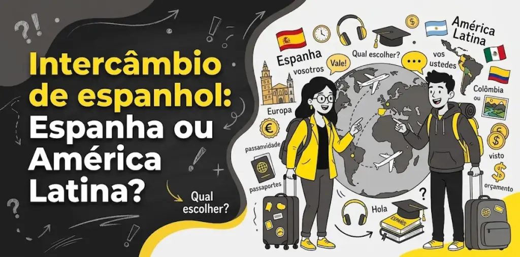 Intercâmbio de espanhol Espanha ou América Latina: imagem ilustrativa com dois estudantes com malas de viagem apontando para o globo terrestre, destinos como Espanha, Argentina e Colômbia, elementos de passaporte, visto e orçamento, e o logotipo da FourFlags Language Center
