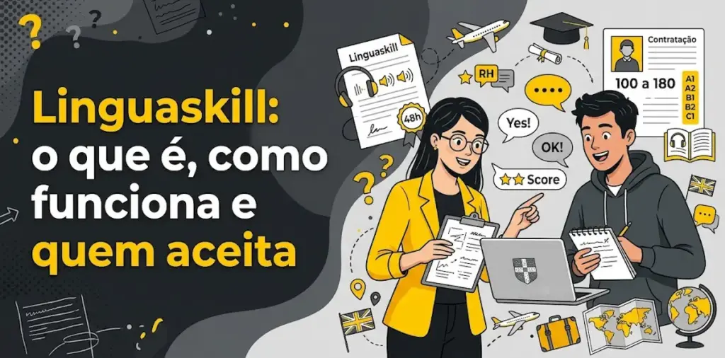 Linguaskill o que é como funciona e quem aceita: imagem ilustrativa com dois estudantes utilizando laptop e prancheta, ficha do teste Linguaskill com selo de 48 horas, documento de contratação e RH, escala de pontuação de 100 a 180, capelo acadêmico, elementos de viagem e o logotipo da FourFlags Language Center