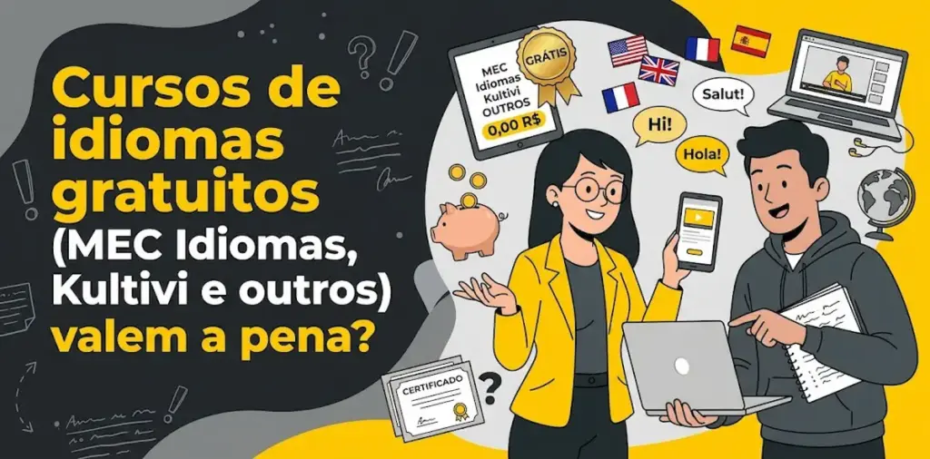 Cursos de idiomas gratuitos MEC Idiomas Kultivi e outros valem a pena: imagem ilustrativa com dois estudantes utilizando laptop e smartphone, cofrinho, certificado, balões de saudações Hi!, Salut! e Hola!, bandeiras dos EUA, França e Espanha e o logotipo da FourFlags Language Center