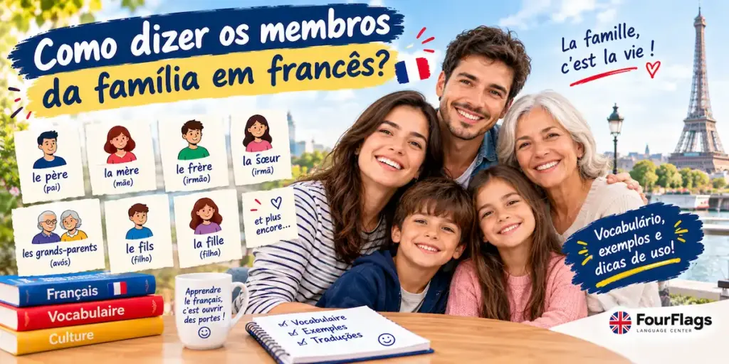 Como dizer os membros da família em francês: imagem ilustrativa com uma família sorridente unida, cartões com vocabulário como le père, la mère e le frère, a Torre Eiffel ao fundo e o logotipo da FourFlags Language Center