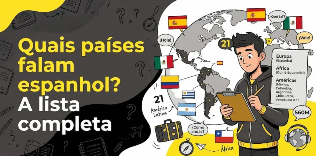 Quais países falam espanhol a lista completa: imagem ilustrativa com um estudante segurando prancheta ao lado de um mapa-múndi com bandeiras de países hispanofalantes, lista dividida por continentes Europa, África e Américas, balões de cumprimento e o logotipo da FourFlags Language Center