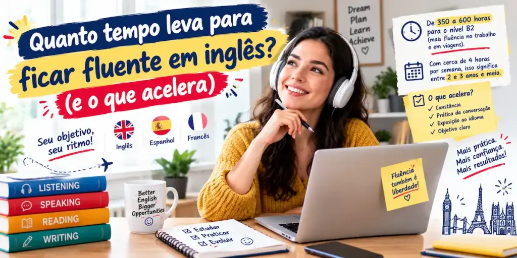 Quanto tempo leva para ficar fluente em inglês e o que acelera: imagem ilustrativa com aluna sorridente usando fones de ouvido em frente ao laptop, com livros de habilidades em inglês, estimativa de horas para o nível B2 e dicas para acelerar o aprendizado, oferecido pela FourFlags Language Center