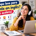 Quanto tempo leva para ficar fluente em inglês e o que acelera: imagem ilustrativa com aluna sorridente usando fones de ouvido em frente ao laptop, com livros de habilidades em inglês, estimativa de horas para o nível B2 e dicas para acelerar o aprendizado, oferecido pela FourFlags Language Center