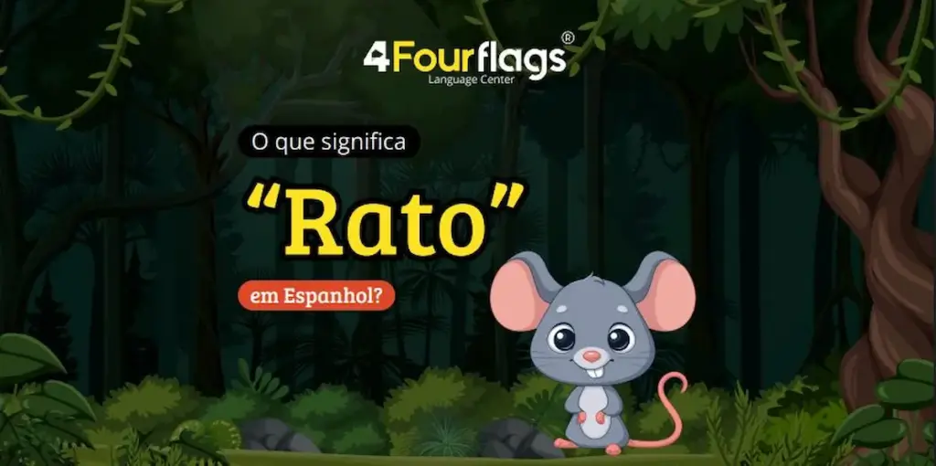 O que significa rato em espanhol: imagem ilustrativa com ilustração de um rato fofinho em uma floresta, destacando o falso amigo em espanhol, oferecido pela FourFlags Language Center