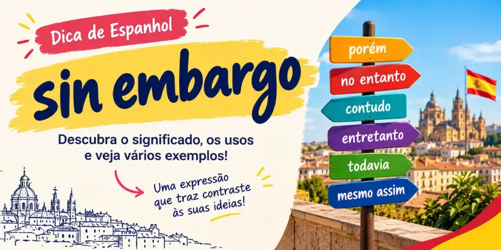 O que significa sin embargo em espanhol: imagem ilustrativa com placa sinalizadora colorida indicando traduções como porém, no entanto e contudo, com paisagem urbana ao fundo, oferecido pela FourFlags Language Center
