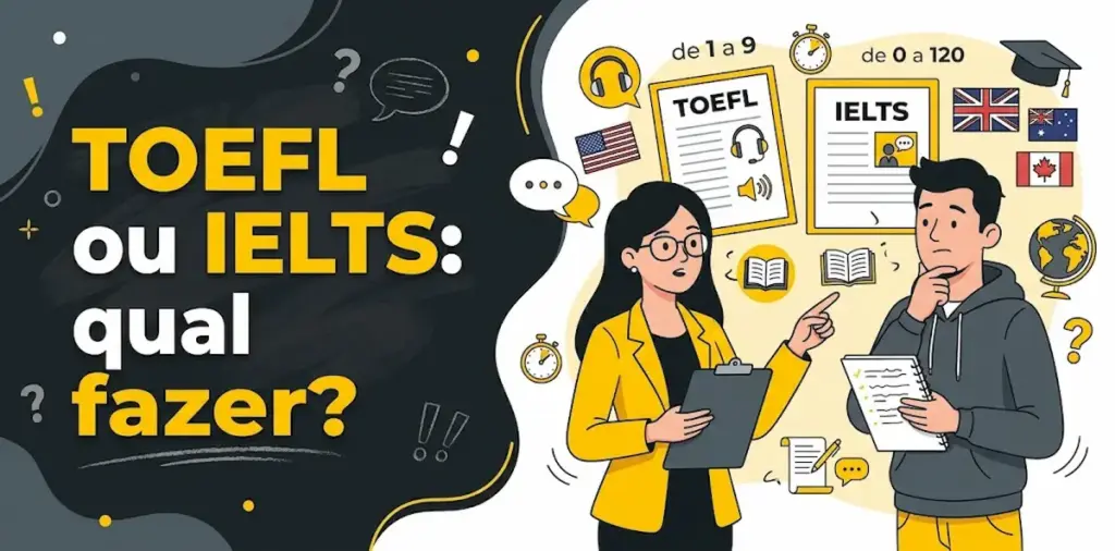 TOEFL ou IELTS: qual fazer? 2 TOEFL ou IELTS qual fazer: imagem ilustrativa com dois estudantes avaliando opções de exames de proficiência, fichas dos testes TOEFL e IELTS, pontuações, bandeiras internacionais, cronômetro e o logotipo da FourFlags Language Center
