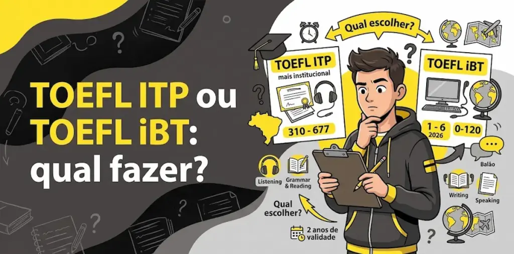 TOEFL ITP ou TOEFL iBT qual fazer: imagem ilustrativa com um estudante segurando prancheta, fichas comparativas dos testes TOEFL ITP e TOEFL iBT, pontuações de 310 a 677 e 0 a 120, ícones de habilidades, mapa do Brasil e o logotipo da FourFlags Language Center