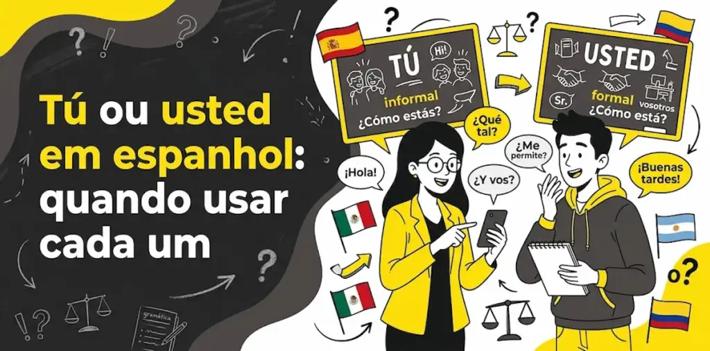 Tú ou usted em espanhol quando usar cada um: imagem ilustrativa com dois estudantes conversando com smartphone e caderno, quadros explicativos comparando tratamento informal (Tú / ¿Cómo estás?) e formal (Usted / ¿Cómo está?), balões com cumprimentos, bandeiras da Espanha, México, Argentina e Colômbia, e o logotipo da FourFlags Language Center