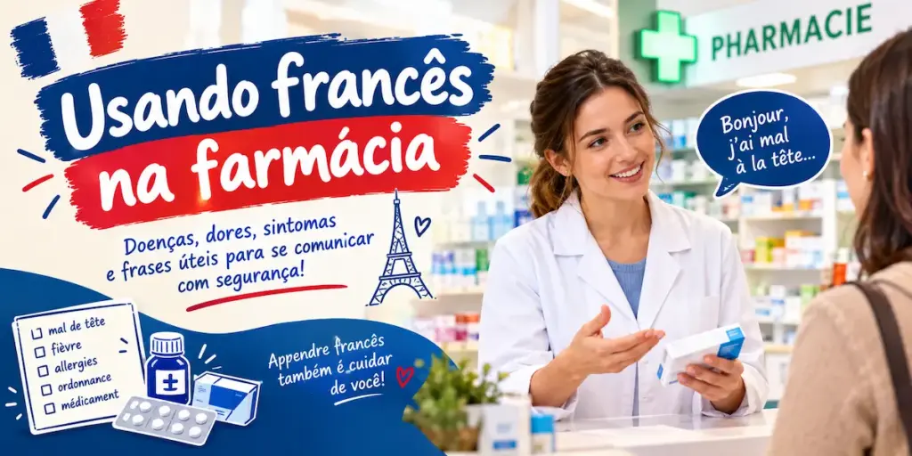 Usando francês na farmácia: imagem ilustrativa com farmacêutica atendendo cliente em uma farmácia, balão de fala com frases úteis em francês e lista de vocabulário médico, oferecido pela FourFlags Language Center