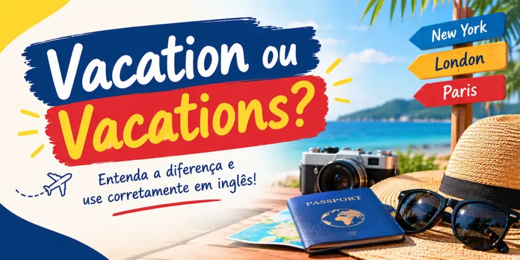 Vacation ou vacations em inglês: imagem ilustrativa com passaporte, câmera fotográfica, chapéu de sol e placa de viagem em cenário de praia tropical, oferecido pela FourFlags Language Center