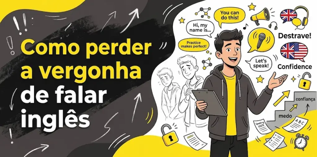 Como perder a vergonha de falar inglês: imagem ilustrativa com um estudante confiante segurando uma prancheta ao lado de versões tímidas evoluindo, balões de fala encorajadores como You can do this! e Let's speak!, bandeiras britânica e americana, escada de superação do medo à confiança, e o logotipo da FourFlags Language Center